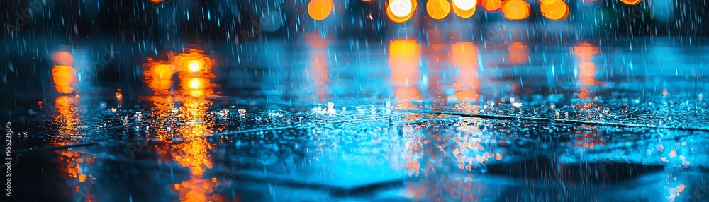 Poster a close-up view of raindrops on a wet surface, reflecting vibrant lights, creating a serene and mood
