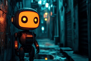 Fototapeta premium A charming robot stands in an alley, illuminated by soft orange lights, creating a whimsical yet futuristic atmosphere.