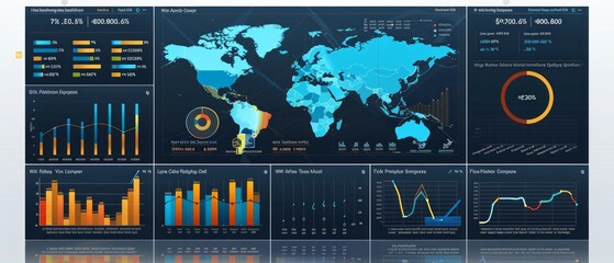 A data analysis dashboard showcases a global map, graphs, tables, and currency exchange rates. Neat layout with text elements conveys a modernized and informative vibe.