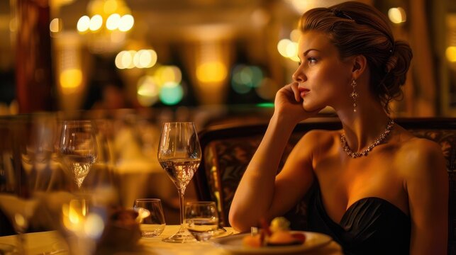 sophisticated woman in elegant evening attire dining at upscale french restaurant luxurious lifestyle photo