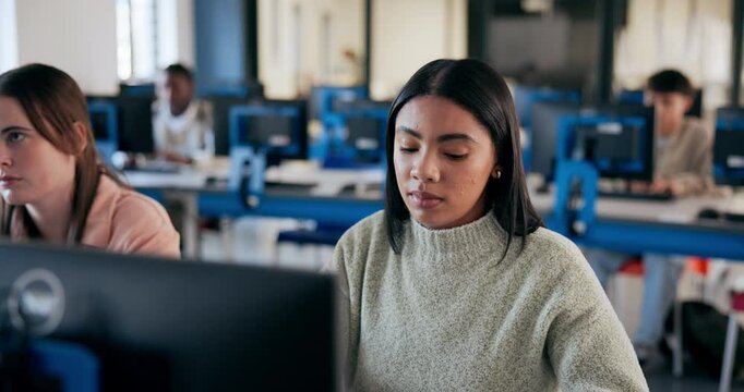 Computer, education and lecture with girl student in university classroom for development or learning. Desktop, lesson and listening with learner or pupil at school or college for scholarship