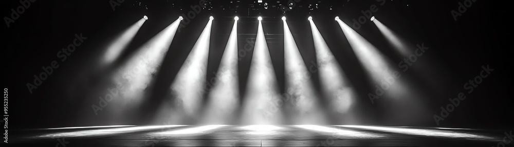 Poster a dramatic stage with multiple spotlight beams creating a stunning visual effect, perfect for theatr
