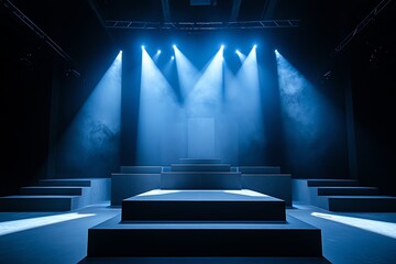 A dramatic stage with blue lighting and platforms, perfect for performances, events, and showcases in a theatrical setting.