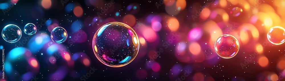 Poster a mesmerizing abstract background featuring colorful bubbles floating against a dreamy, illuminated 
