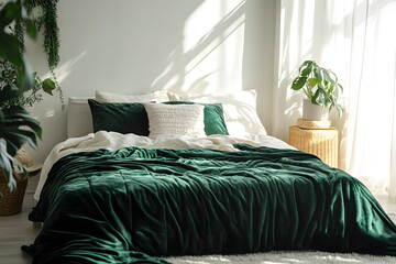 "Chromatic Black and Dark Green Velveteen Blanket on Bed"