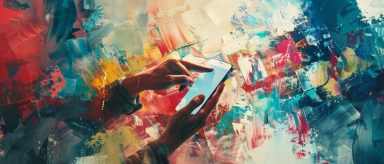 A vibrant abstract image with hands and a smartphone, set in a colorful backdrop, creating a dynamic and artistic vibe without any readable texts or distinctive elements.