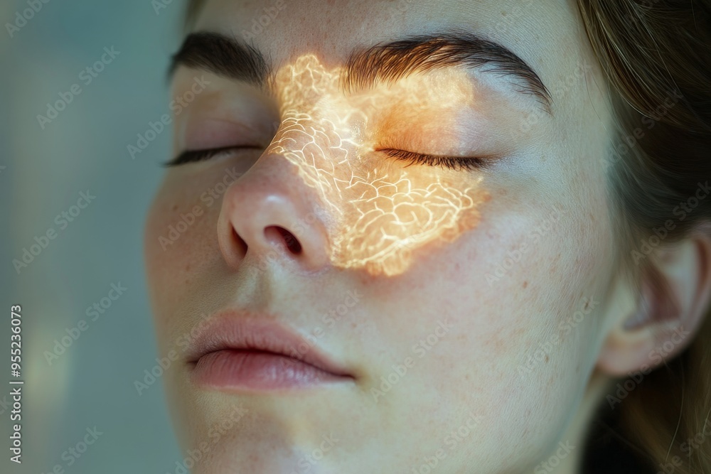 Poster neural entrainment brainpower woman with closed eyes and light patterns on her face symbolizing inne
