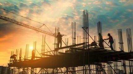 Construction workers in yellow gear work on a building site with a crane. Sky displays a vibrant mix of blue and orange, resembling a sunset.