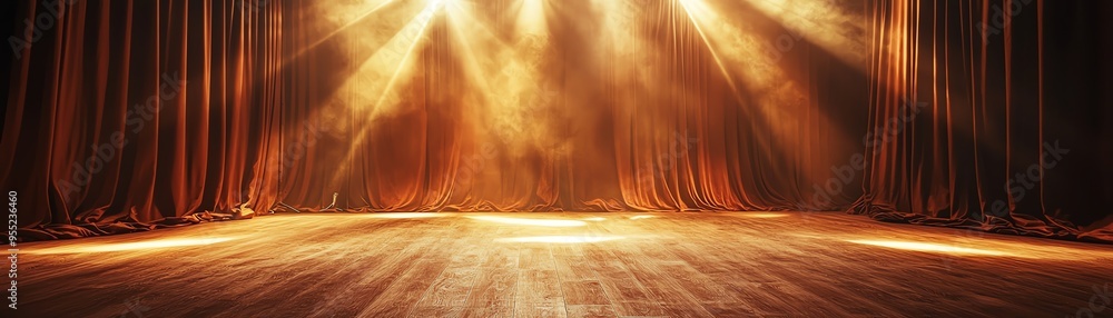Poster a stage lit with warm, golden lights, creating an inviting atmosphere for a performance or event.