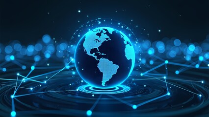 Fototapeta premium Cyberpunk Digital Earth with Glowing Blue Network in Dark Environment