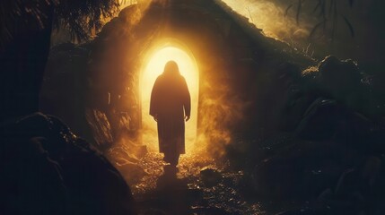 spiritual scene silhouette of jesus at tomb entrance ethereal light emanating from within dramatic contrast between light and shadow symbolic resurrection moment