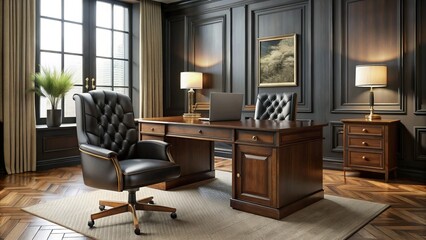 Fototapeta premium Elegant leather desk and chair combination features rich wood accents in a timeless office setting, ideal for