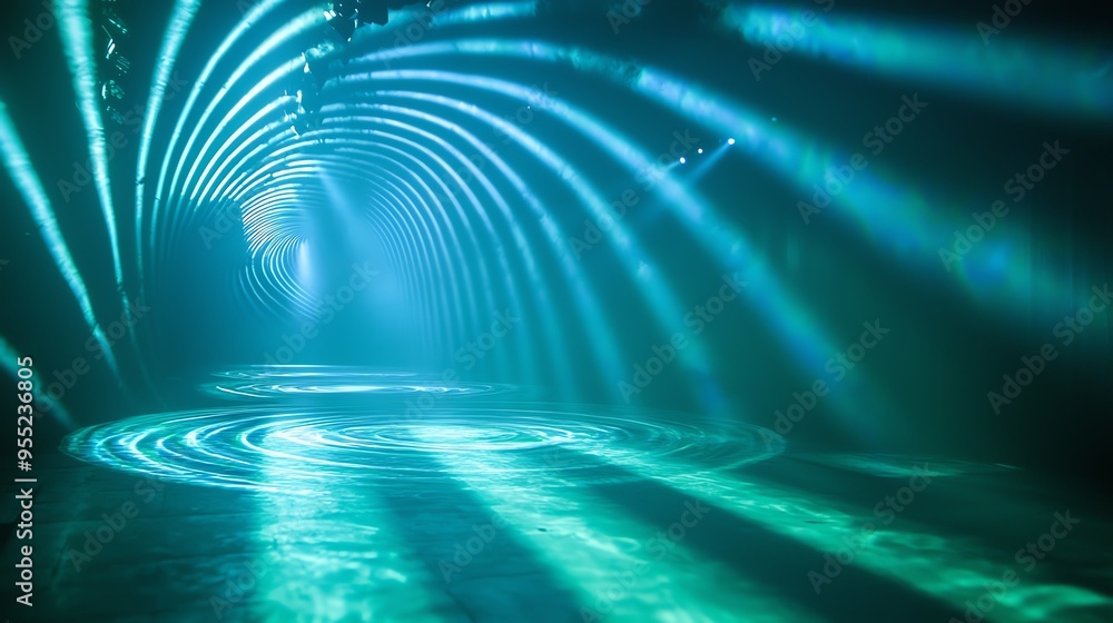 Poster a stunning visual of a lit tunnel with vibrant blue-green tones and captivating light patterns creat
