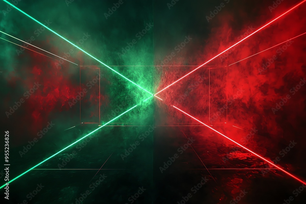 Poster a stunning visual of vibrant green and red lasers crossing in a misty atmosphere, creating a dynamic