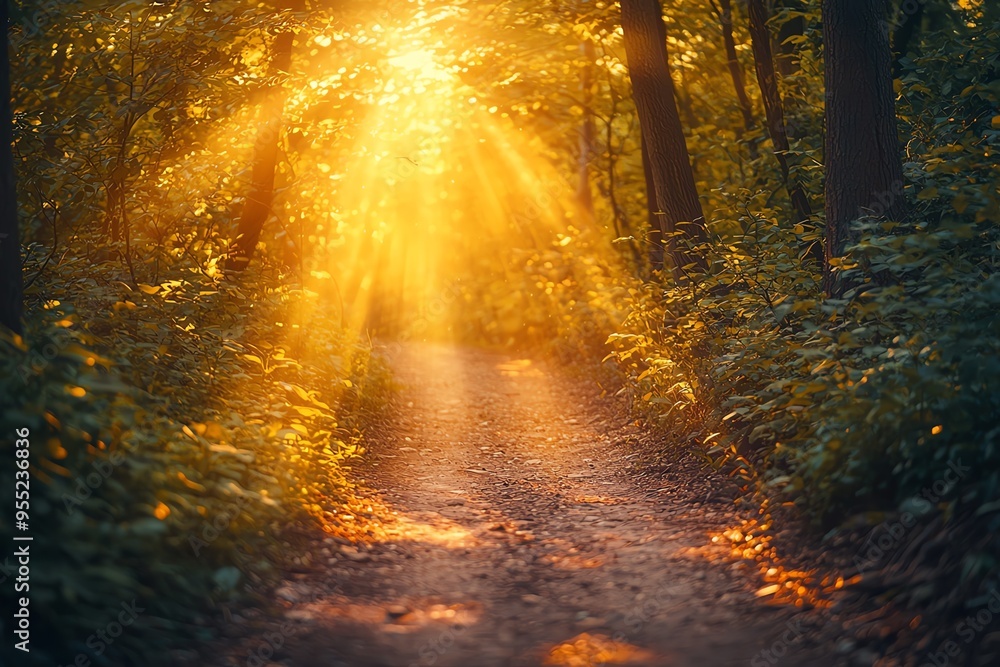 Poster a sunlit forest path with warm golden rays shining through trees, creating a serene and enchanting a
