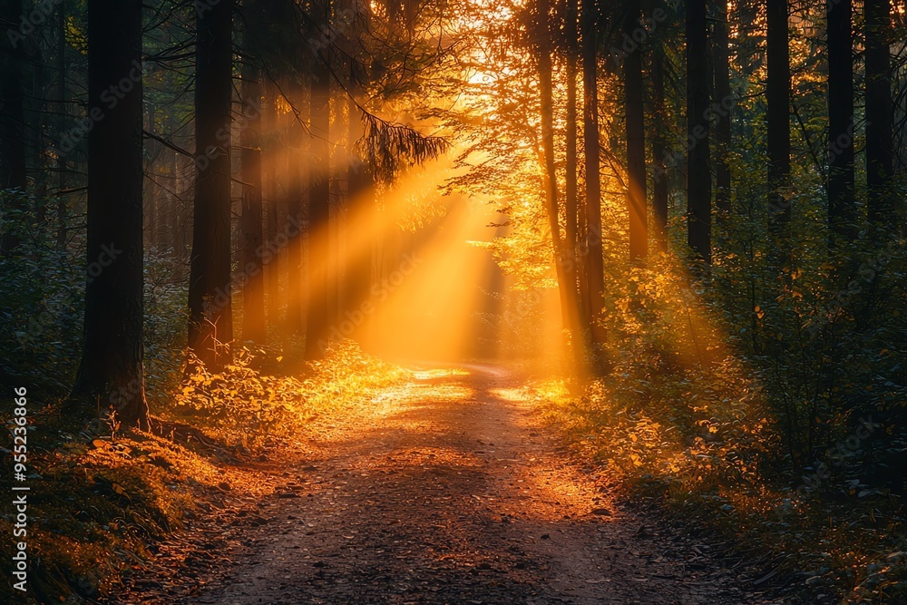 Poster a tranquil forest scene with sunlight streaming through trees, creating a serene atmosphere perfect 