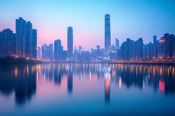 Obraz premium A tranquil city skyline at dusk, featuring reflective water and illuminated buildings against a stunning sunset backdrop.