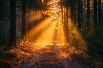 Obraz premium A tranquil forest scene with sunlight streaming through trees, creating a serene atmosphere perfect for nature lovers.