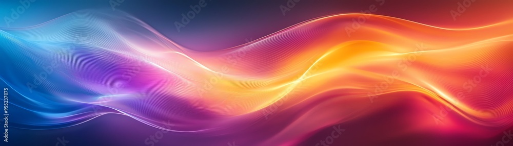 Poster a vibrant blend of smooth waves in blue, purple, and orange, creating a dynamic and colorful abstrac