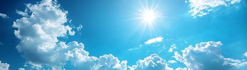 A vibrant blue sky with fluffy clouds and a bright sun casting warm rays, perfect for conveying peace and tranquility.