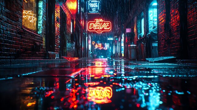 A vibrant alleyway illuminated by neon lights, reflecting on wet pavement, creating a moody nighttime atmosphere.