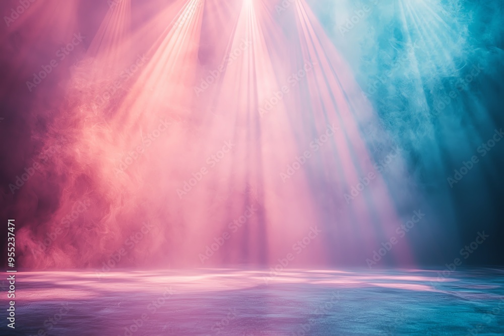 Poster a vibrant scene with colorful beams of light piercing through mist, creating an ethereal atmosphere 
