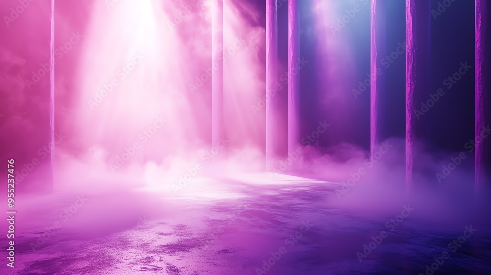 Poster a vibrant scene with colorful lights illuminating a misty environment, creating a dreamlike atmosphe