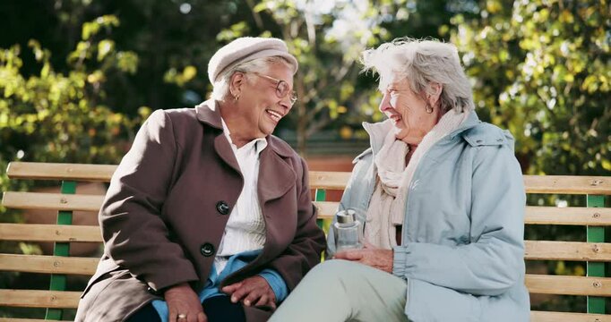 Bench, conversation and laughing with old women in park together for bonding or retirement. Funny, relax and smile with senior friends talking outdoor in garden or nature for community or wellness