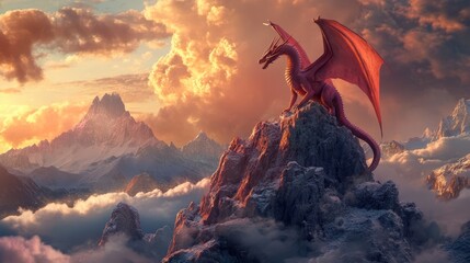 Majestic Dragon Guardian: Surveying a Fantasy Realm from the Mountain Peak