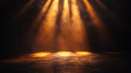 An atmospheric scene showcasing dramatic rays of light shining through smoke, creating a warm and mystical ambiance.