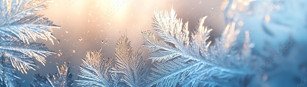 Poster beautiful frost patterns on glass, illuminated by soft light, creating a serene winter atmosphere wi