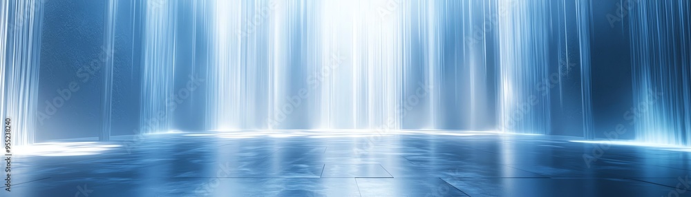Poster captivating blue light rays illuminating a serene space, creating a tranquil and ethereal atmosphere