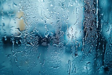 Close-up of water droplets on a fogged glass window, creating a serene and calming atmosphere. Ideal for relaxation themes.