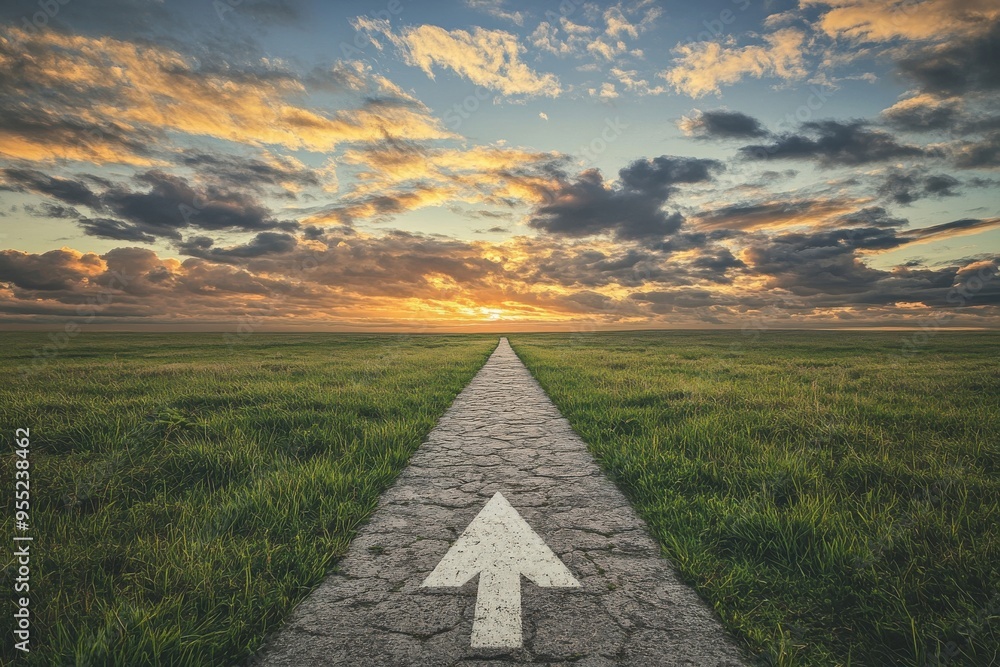 Poster arrow-guided route on a smooth terrain within a vast field, beautiful skyline showcasing clouds at t