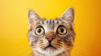 startled cat with comically huge eyes vibrant yellow background extreme closeup whiskers in sharp focus humorous expressive feline portrait