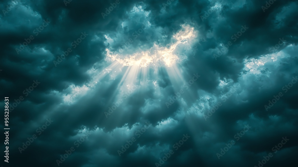 Poster dramatic sky featuring dark clouds and rays of light breaking through, creating a stunning and atmos