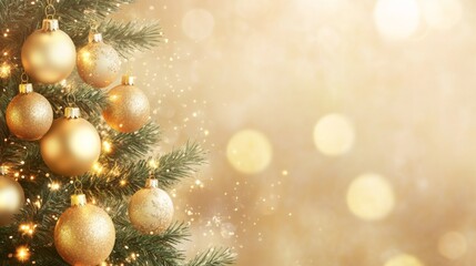 Fototapeta premium Christmas Tree With Golden Baubles And Shiny Lights In white Background