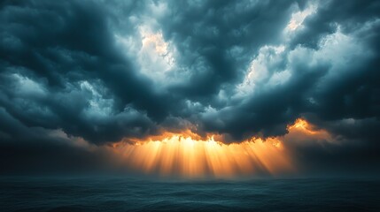 Dramatic sky over ocean with dark clouds and rays of sunlight piercing through, creating a stunning contrast in nature.