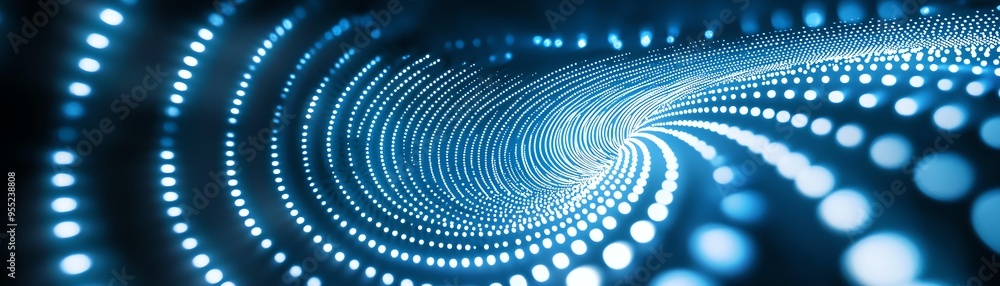 Poster dynamic blue light wave with luminous dots creating a futuristic tunnel effect, perfect for technolo