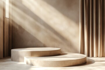 Elegant and modern interior space featuring circular platforms and soft lighting, perfect for showcasing design aesthetics.