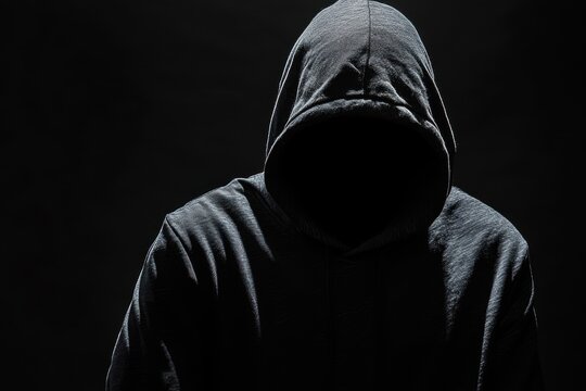 Mysterious figure wearing a dark hooded sweatshirt, obscured face, stands against a dimly lit, shadowy background