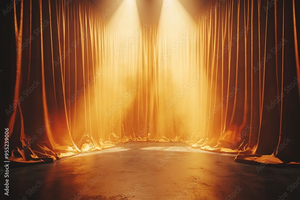 Poster golden stage curtains illuminated by warm lights, creating a captivating atmosphere for performances