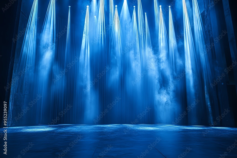 Poster mysterious blue stage lights illuminating an empty performance area, creating a captivating atmosphe