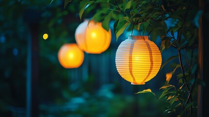 Fototapeta premium Illuminated paper lanterns hanging in a serene garden, casting a warm glow in the evening twilight. Perfect for cozy settings.