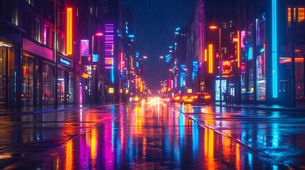 Obraz premium Illuminated street at night, showcasing vibrant neon lights reflecting on wet pavement, creating a dynamic urban atmosphere.
