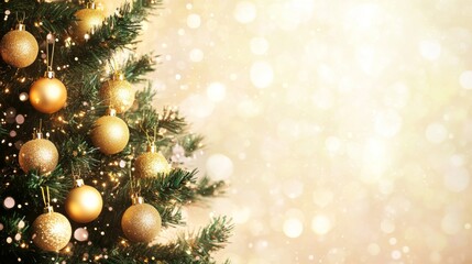 Fototapeta premium Christmas Tree With Golden Baubles And Shiny Lights In white Background