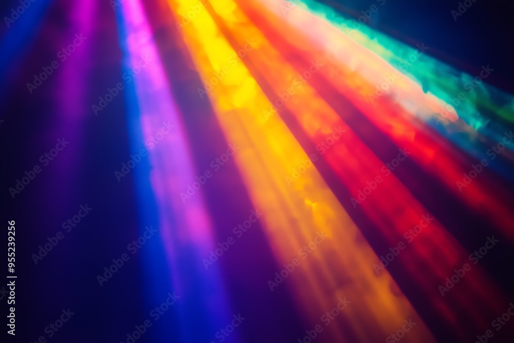Poster stunning display of colorful light beams shining through darkness, creating a vibrant and dynamic at
