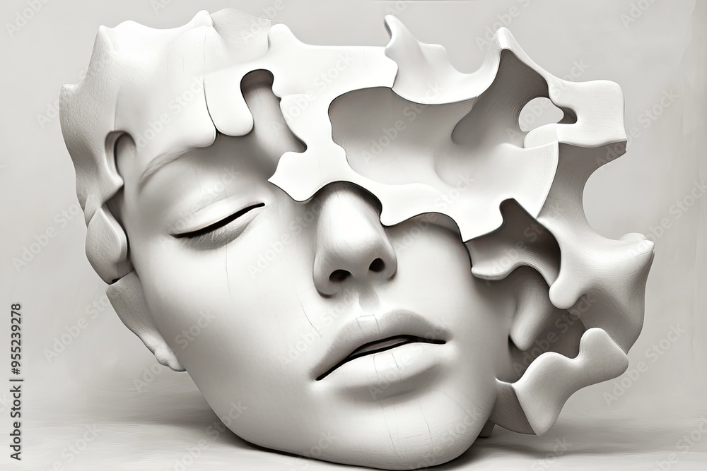 Poster empathic resonance brainpower white abstract face composed of puzzle pieces symbolizing the deconstr