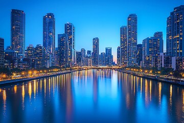 Obraz premium Stunning city skyline at dusk, reflecting lights on a tranquil water surface, showcasing urban beauty and modern architecture.