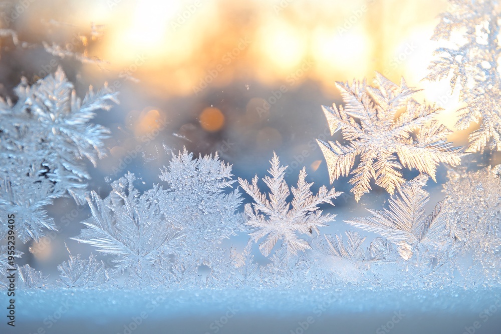 Poster beautiful frost patterns on windowpane with blurred background